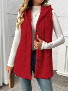 Detailed shot of red fleece hooded vest texture, cozy sleeveless winter outerwear styling.