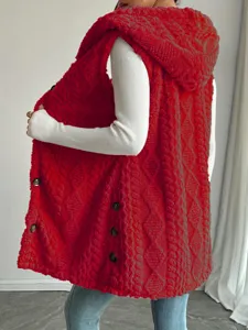 Detailed view of the red plush hooded vest with side buttons, cozy winter outerwear style.