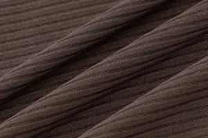 Close-up of premium brown ribbed knit fabric texture, showing soft and stretchy material details.