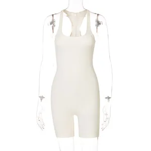 Ribbed knit solid color high waist slim fit yoga jumpsuit detail view for women summer style.