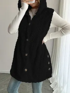 Casual women's solid color fleece hooded button vest, perfect for autumn and winter daily wear.
