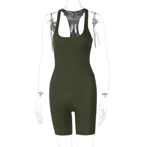 Ribbed knit green romper yoga jumpsuit sexy tight summer activewear fitness bodysuit