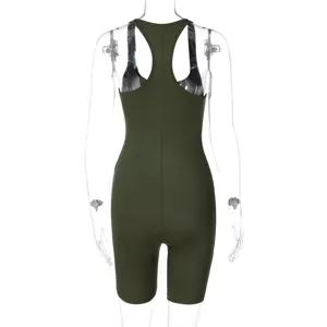 Detailed view of the dark green ribbed knit racerback yoga jumpsuit back design.