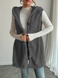 Detailed view of women's cozy fleece hooded vest, soft fuzzy texture and front button design.