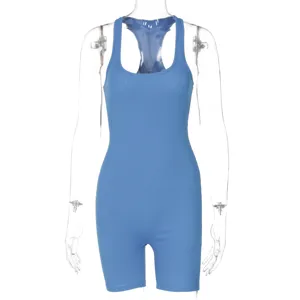 Ribbed blue sleeveless yoga jumpsuit for women tight fitness activewear romper stretch.