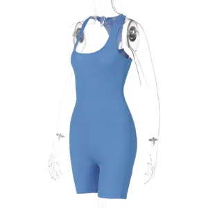 Blue ribbed knit tight sleeveless yoga jumpsuit, high waist sporty romper for women summer.