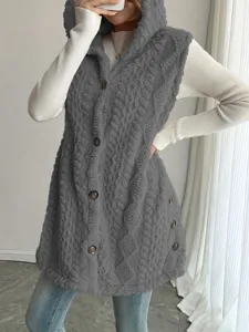 Detailed view of women casual winter hooded fleece vest in dark grey with button closure.