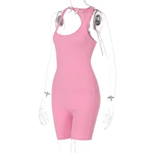 Trendy pink ribbed knit tight one-piece yoga jumpsuit, high waist sexy active sports fitness romper.
