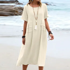 Casual linen solid color round neck short sleeve midi dress for women summer beach wear.