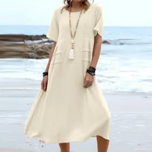 Casual summer linen midi dress for women, solid color round neck short sleeve loose beach dress.