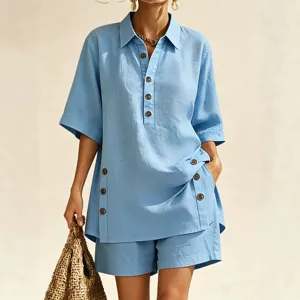 Donne camicia manica corta con bottoni e pantaloncini larghi set due pezzi outfit estivo