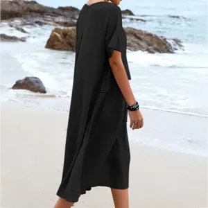 Women summer casual solid color linen round neck short sleeve midi dress loose beachwear