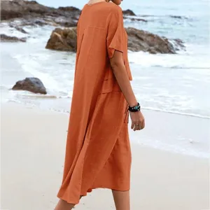 Casual loose short sleeve midi dress solid color summer beach wear apparel details