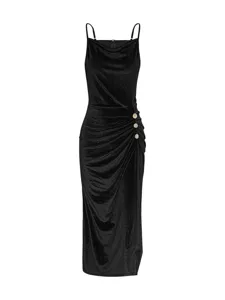 Detailed view of the sparkling black velvet slip dress, featuring cowl neck and side ruching.