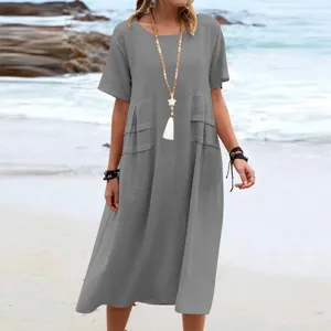 Casual solid color cotton linen midi dress detail, comfortable short sleeve beachwear look.