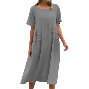 Casual solid cotton linen round neck short sleeve midi dress for women summer daily wear.