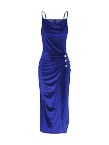 Blue velvet cowl neck dress detail featuring elegant side buttons, spaghetti straps, and slit.