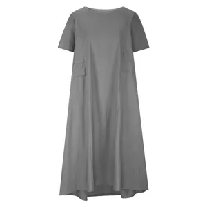Casual loose solid color round neck short sleeve midi dress for women summer daily wear.