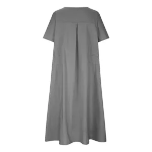 Back detail view of grey short sleeve casual linen style loose maxi dress with pleat.