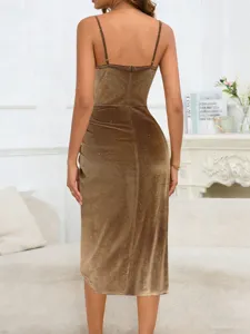 Metallic velvet bodycon slip dress, elegant cowl neck and sleeveless design.