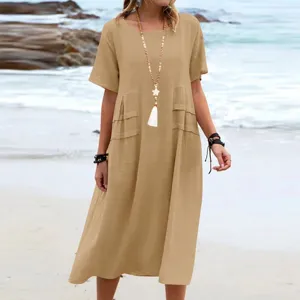Women summer loose casual linen solid color round neck short sleeve midi dress khaki