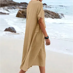 Women casual loose cotton linen short sleeve midi dress summer beach solid color dress