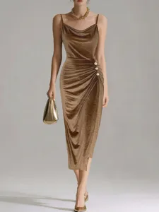 Elegant metallic velvet slip dress detail, cowl neck, side ruched slit, glamorous evening wear