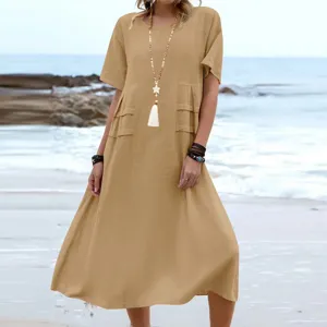 Casual solid color short sleeve midi dress detail, lightweight cotton linen fabric for summer.
