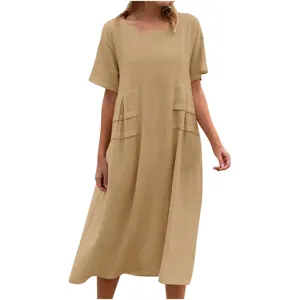 Detailed view of casual solid color cotton linen midi dress with short sleeves and pockets.