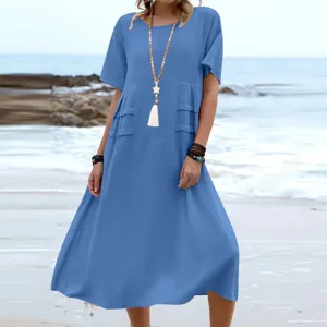Casual loose solid color round neck short sleeve midi dress details for women summer beachwear.