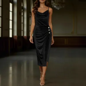 Elegant black metallic velvet slip midi dress featuring a chic cowl neck and side slit.