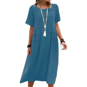 Casual blue short sleeve midi dress, loose fit summer cotton linen dress for women.