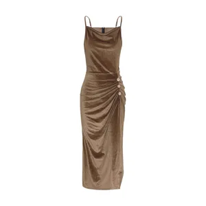 Brown velvet slip dress featuring cowl neck, bodycon silhouette, side slit and ruching.