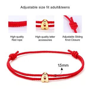 Red string alphabet bracelet with golden letter charm, adjustable braided design for daily wear.