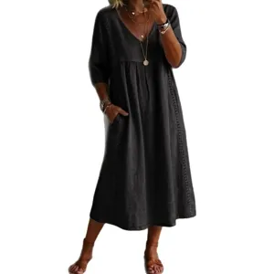Women casual loose V-neck linen cotton midi dress with lace trim and pockets black