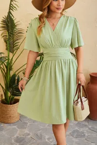 Light green V-neck waist-cinching short sleeve dress for women summer casual daily wear.