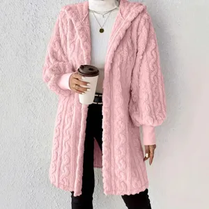 Women's loose fluffy hooded long sleeve plush coat for spring fashion casual daily wear.