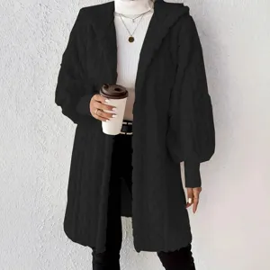 Women loose plush hooded long sleeve coat casual winter warm outerwear black top
