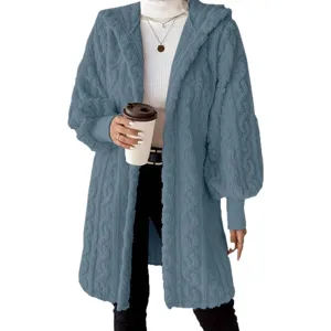 Women loose fuzzy hooded long sleeve cardigan coat casual outerwear spring fashion apparel