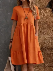 Locker einfarbig Leinen Kurzarm Sommerkleid mit Taschen Damen Freizeitkleidung stilvoll