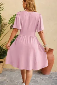 Women casual V-neck flare sleeve waist-cinching solid color summer midi dress fashion