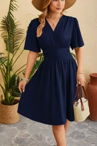 Navy blue V-neck midi dress with flutter sleeves and waist detail, perfect for daily wear.