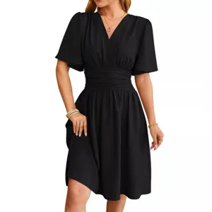 Elegant black V-neck waist-cinching flutter sleeve midi dress for women, perfect for daily wear.