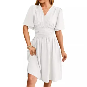 Women's white v-neck waist-cinching flared sleeve midi dress summer main view display