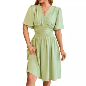 Women V-neck Waist-Cinching Flare Sleeve Dress Summer Casual Chic Green Dress Main View