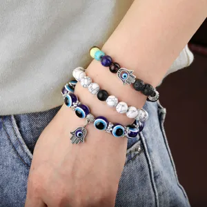 Vintage Lava Stone Hamsa Hand Evil Eye Beaded Bracelet For Women Handmade Natural Stone Chakra Elastic Yoga Stretch Bracelet Jewelry Gift