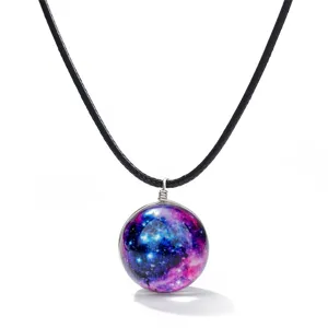 Galaxy glass ball pendant necklace with black cord, beautiful space universe jewelry design.
