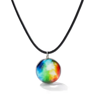 Glass ball pendant necklace with glowing universe starry sky design, fashion jewelry.