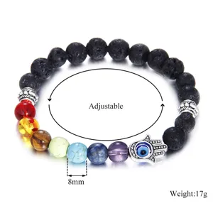 8mm Chakra Lava Stone Bracelet with Evil Eye Hamsa Hand Charm Adjustable Beaded Jewelry