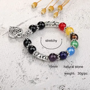 Vintage natural stone beaded bracelet with heart pendant, 10mm elastic chakra bead jewelry